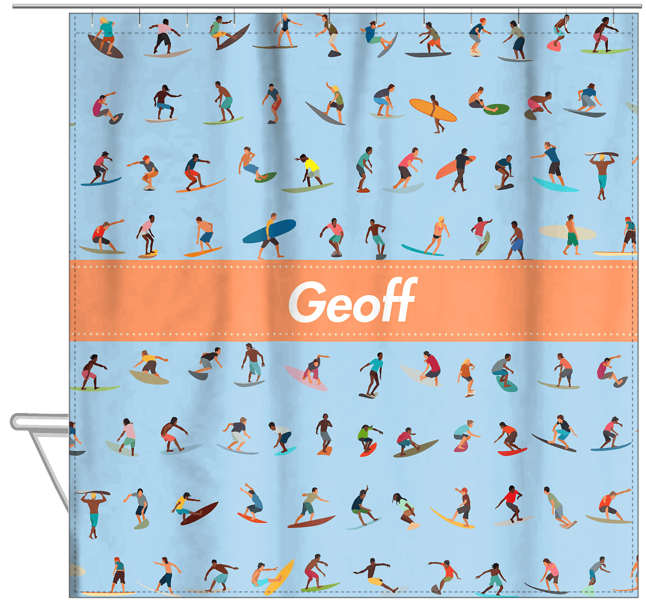 Personalized Surfing Shower Curtain VII - Ribbon Nameplate - Hanging View