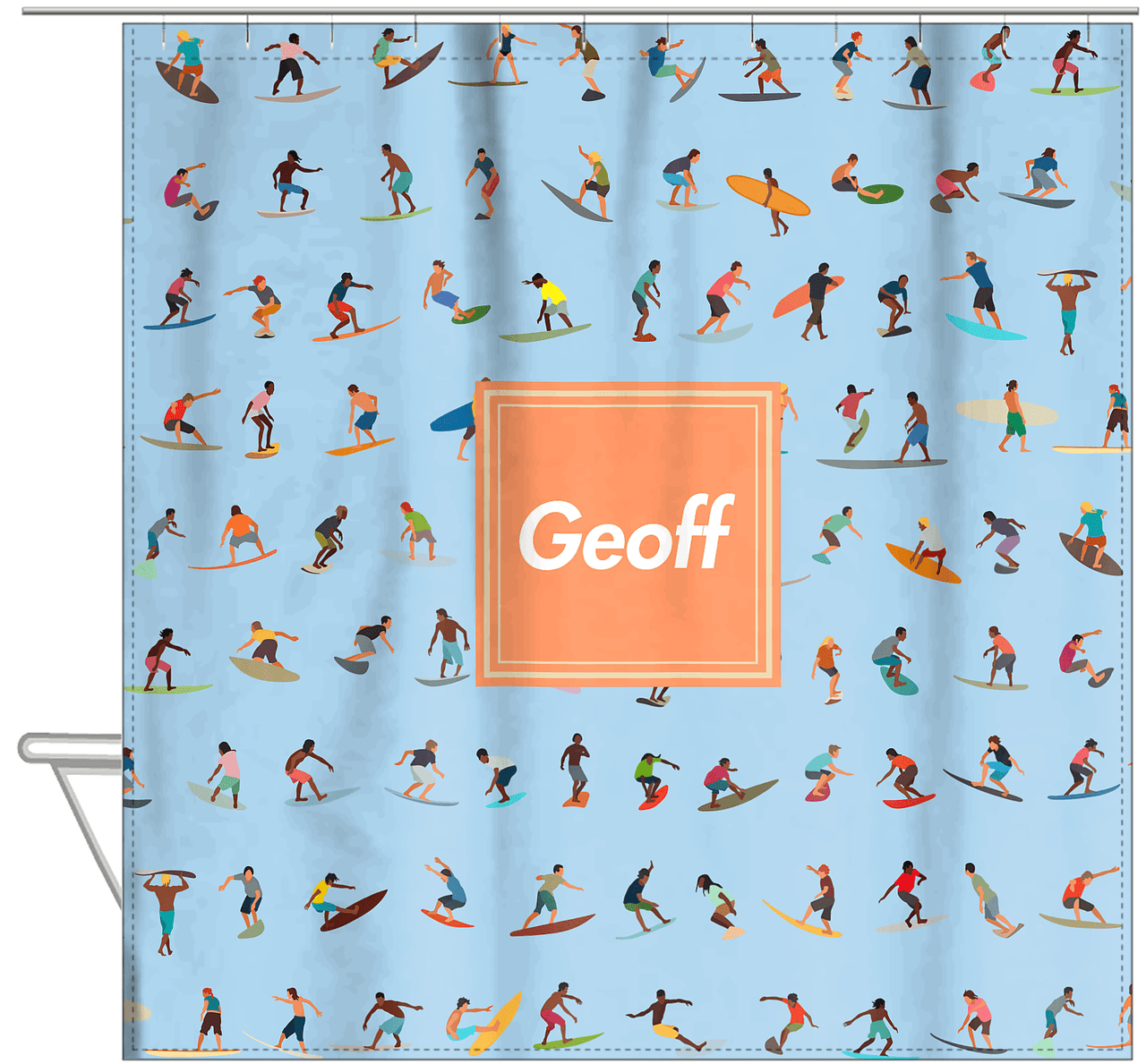 Personalized Surfing Shower Curtain VII - Square Nameplate - Hanging View