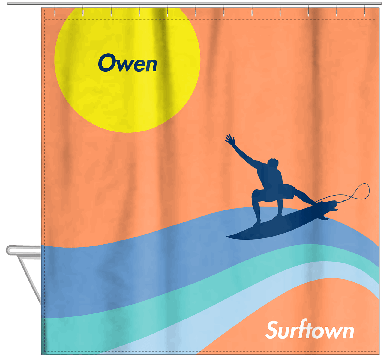 Personalized Surfing Shower Curtain X - Surfer Silhouette I - Hanging View