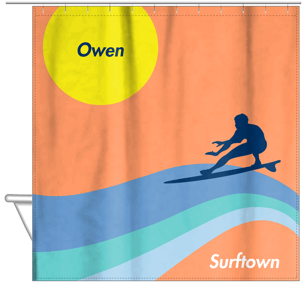 Personalized Surfing Shower Curtain X - Surfer Silhouette II - Hanging View