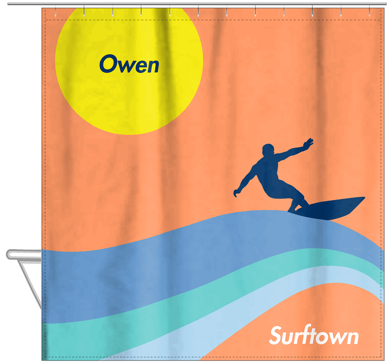 Personalized Surfing Shower Curtain X - Surfer Silhouette III - Hanging View