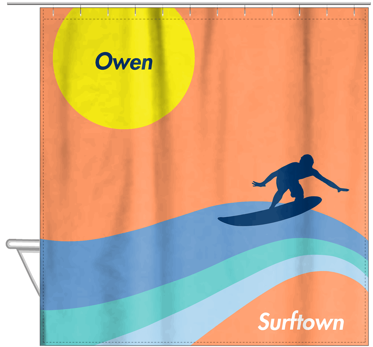 Personalized Surfing Shower Curtain X - Surfer Silhouette IV - Hanging View