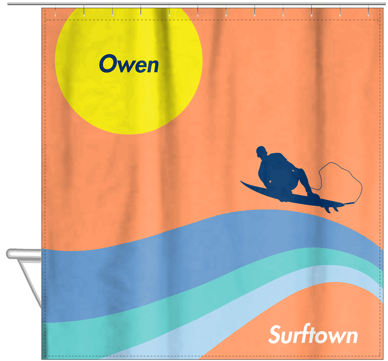 Personalized Surfing Shower Curtain X - Surfer Silhouette V - Hanging View