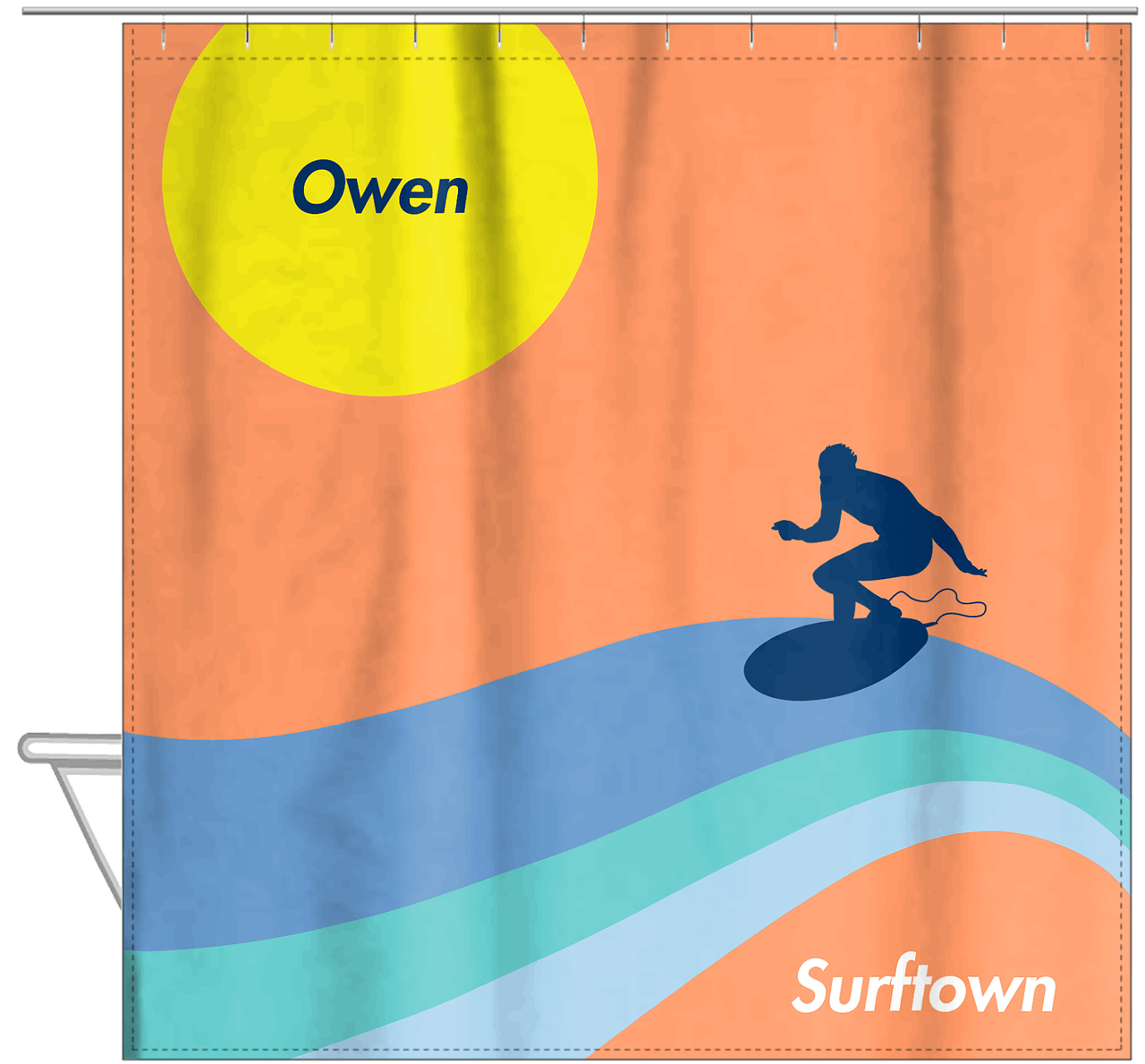 Personalized Surfing Shower Curtain X - Surfer Silhouette VI - Hanging View