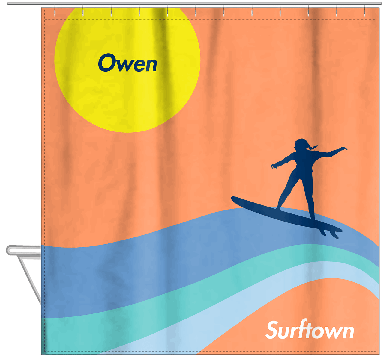 Personalized Surfing Shower Curtain X - Surfer Silhouette VII - Hanging View
