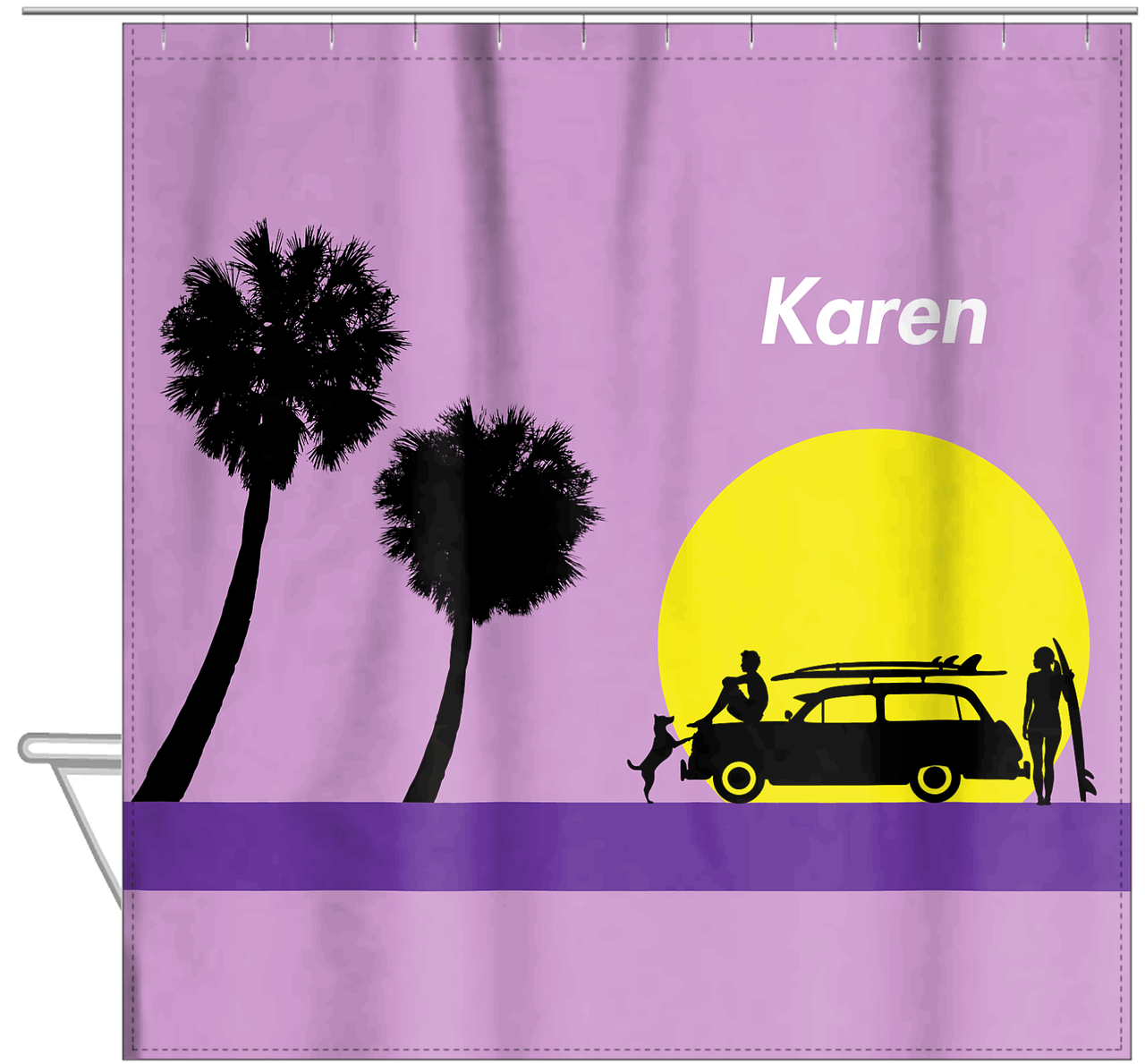 Personalized Surfing Shower Curtain IX - Surfer Silhouette I - Hanging View