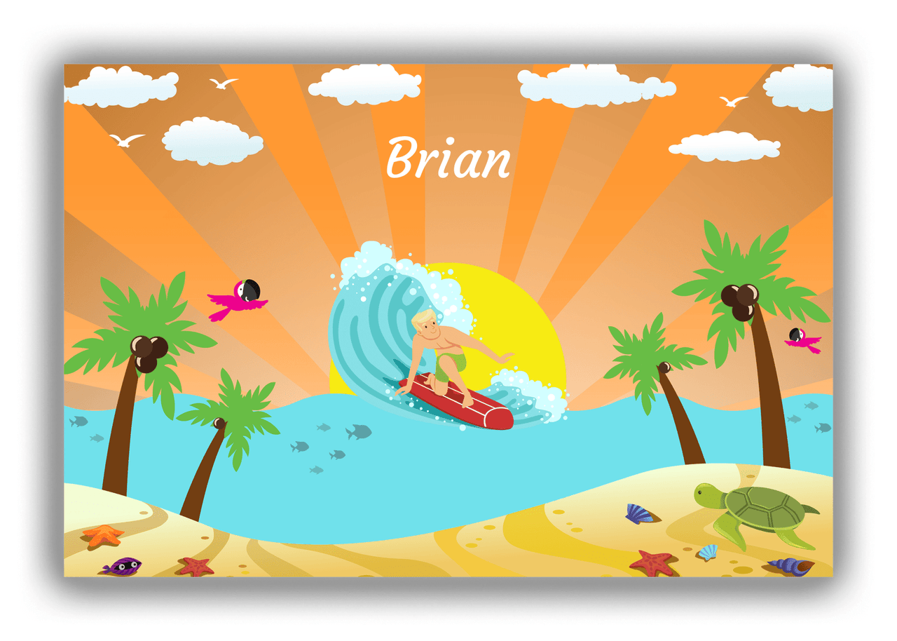 Personalized Surfing Canvas Wrap & Photo Print I - Orange Background - Blond Boy - Front View