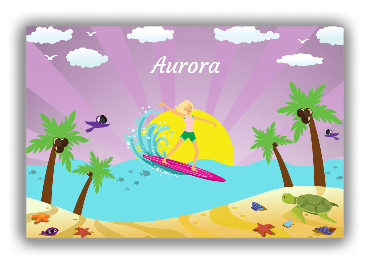 Personalized Surfing Canvas Wrap & Photo Print II - Purple Background - Blonde Girl - Front View