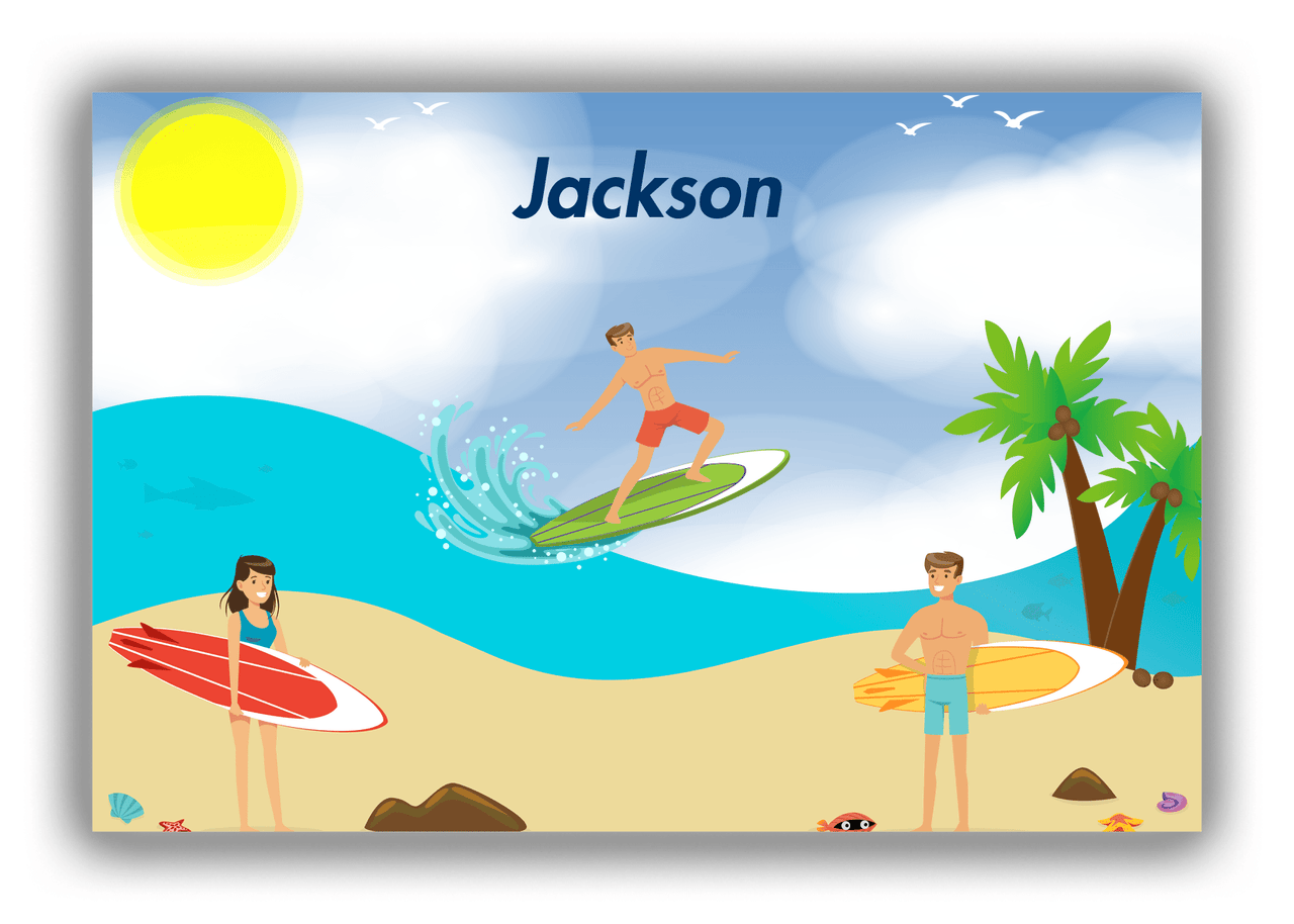 Personalized Surfing Canvas Wrap & Photo Print III - Blue Background - Brown Hair Boy - Front View