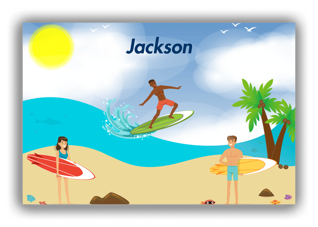 Personalized Surfing Canvas Wrap & Photo Print III - Blue Background - Black Boy I - Front View