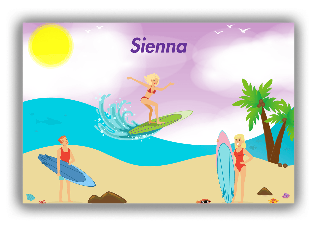 Personalized Surfing Canvas Wrap & Photo Print IV - Purple Background - Blonde Girl - Front View