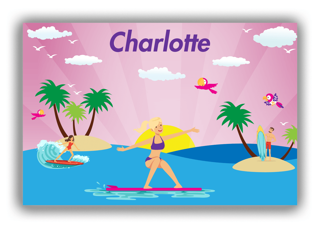 Personalized Surfing Canvas Wrap & Photo Print VI - Pink Background - Blonde Girl - Front View