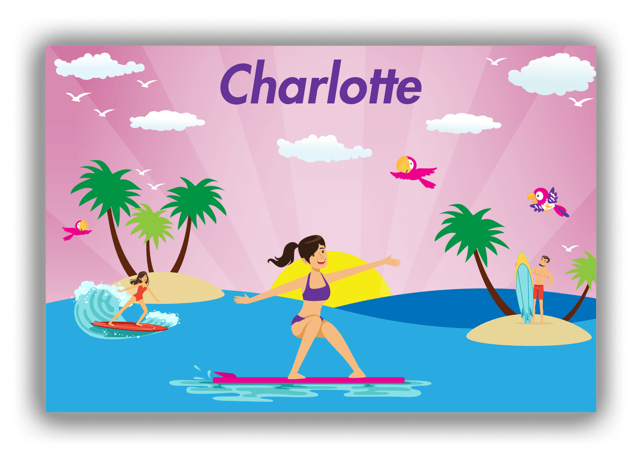 Personalized Surfing Canvas Wrap & Photo Print VI - Pink Background - Black Hair Girl - Front View