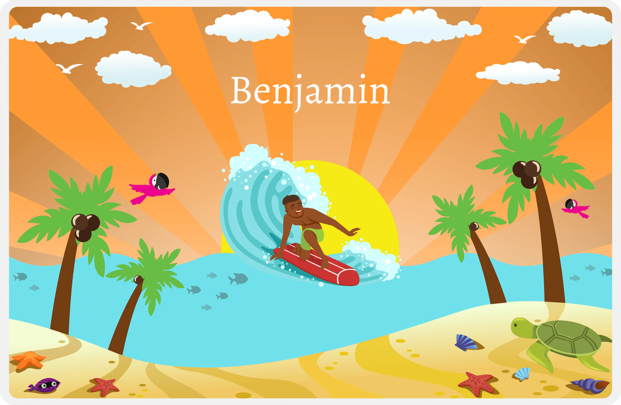 Personalized Surfing Placemat I - Orange Background - Black Boy I -  View