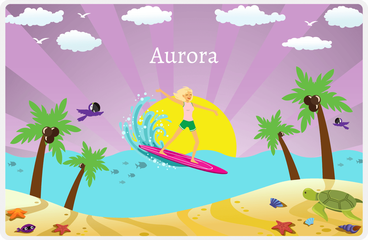 Personalized Surfing Placemat II - Purple Background - Blonde Girl -  View