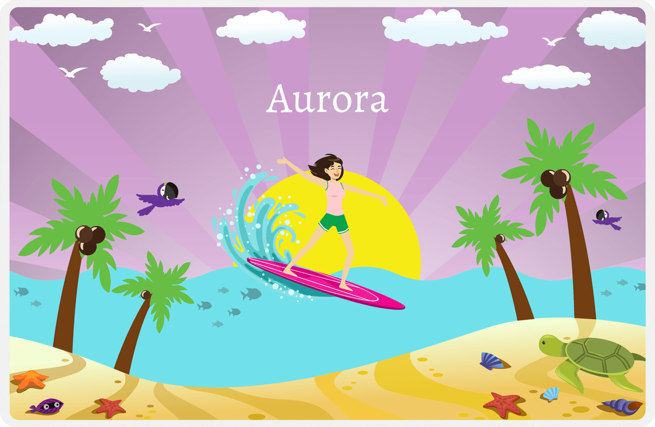 Personalized Surfing Placemat II - Purple Background - Asian Girl -  View