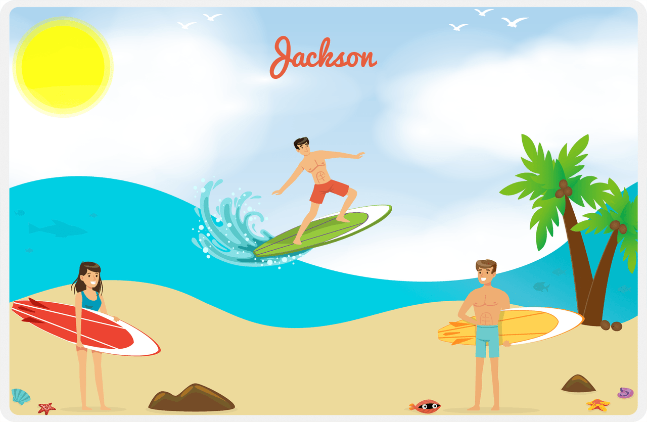 Personalized Surfing Placemat III - Blue Background - Black Hair Boy -  View