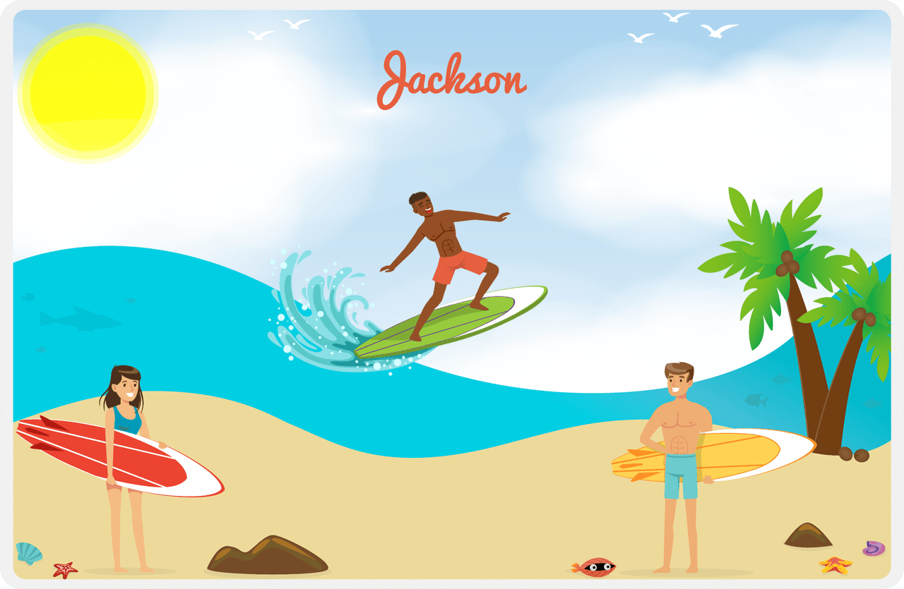 Personalized Surfing Placemat III - Blue Background - Black Boy I -  View
