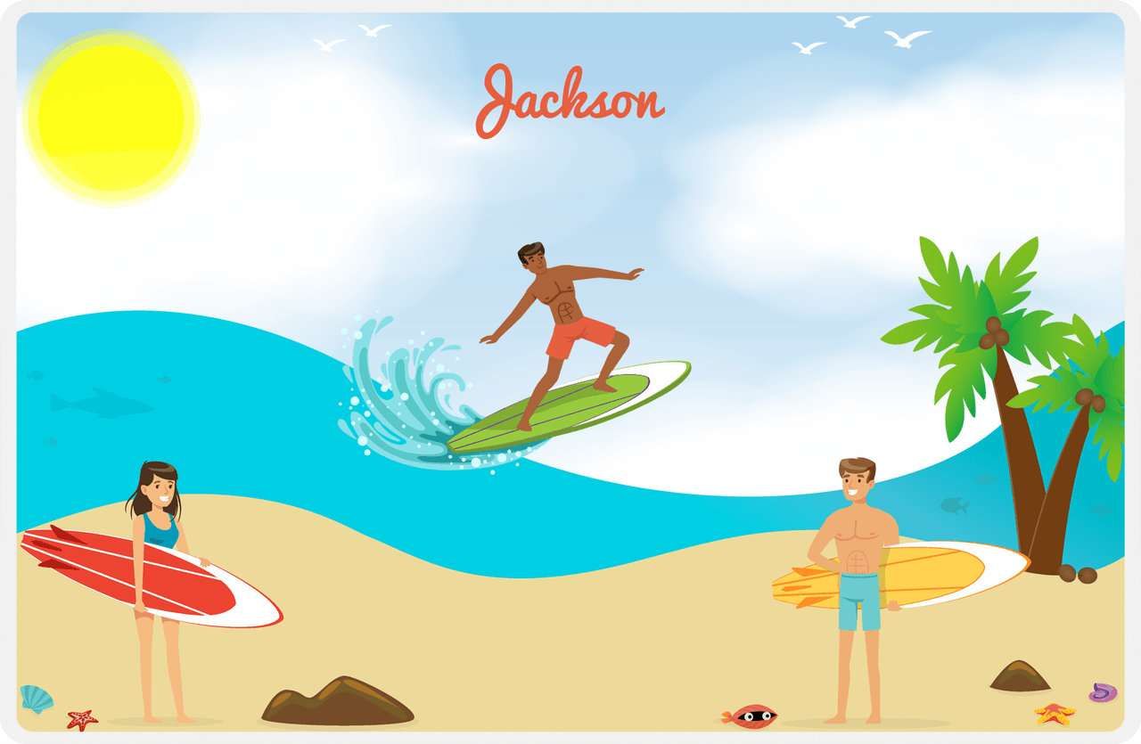 Personalized Surfing Placemat III - Blue Background - Black Boy II -  View
