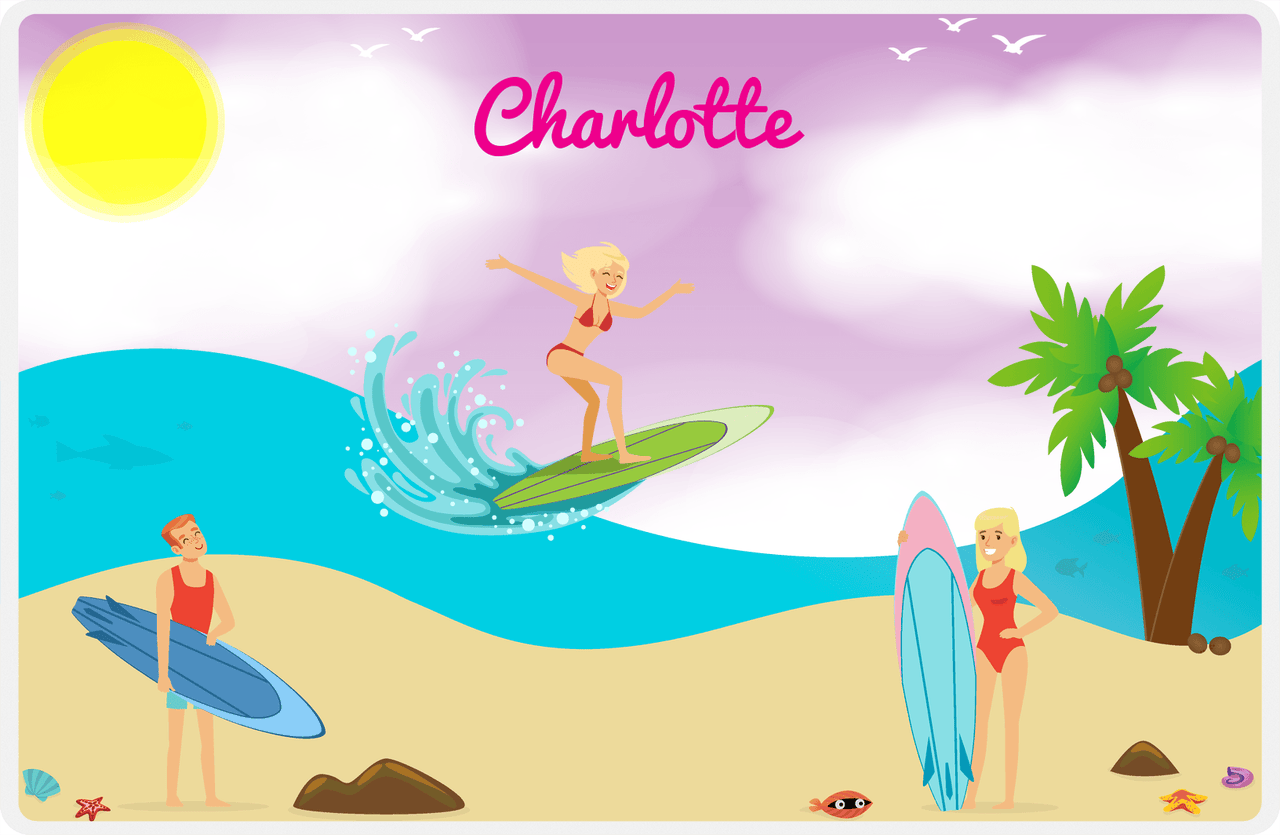 Personalized Surfing Placemat IV - Purple Background - Blonde Girl -  View