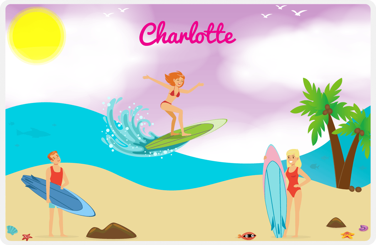 Personalized Surfing Placemat IV - Purple Background - Redhead Girl -  View