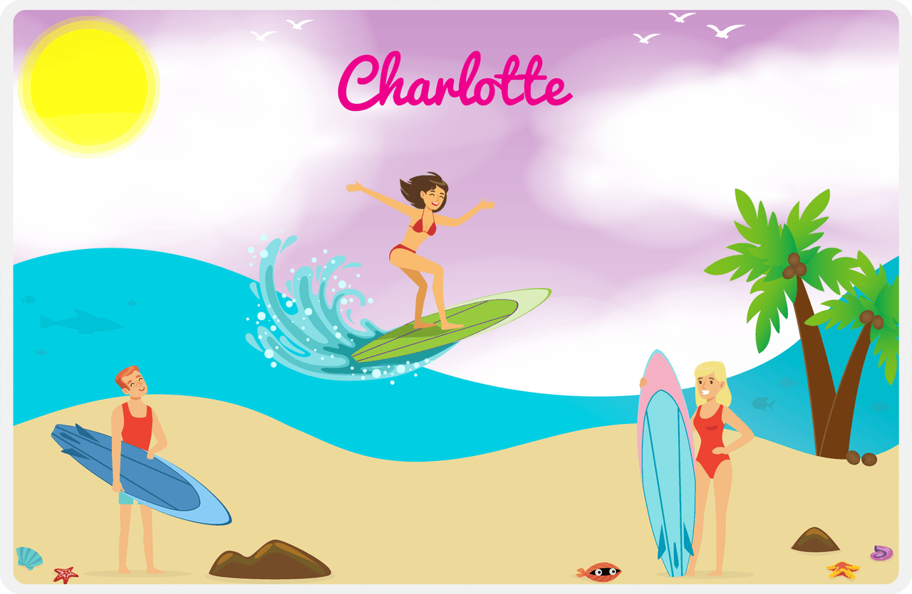 Personalized Surfing Placemat IV - Purple Background - Brunette Girl -  View