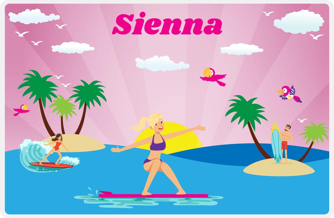Personalized Surfing Placemat VI - Pink Background - Blonde Girl -  View