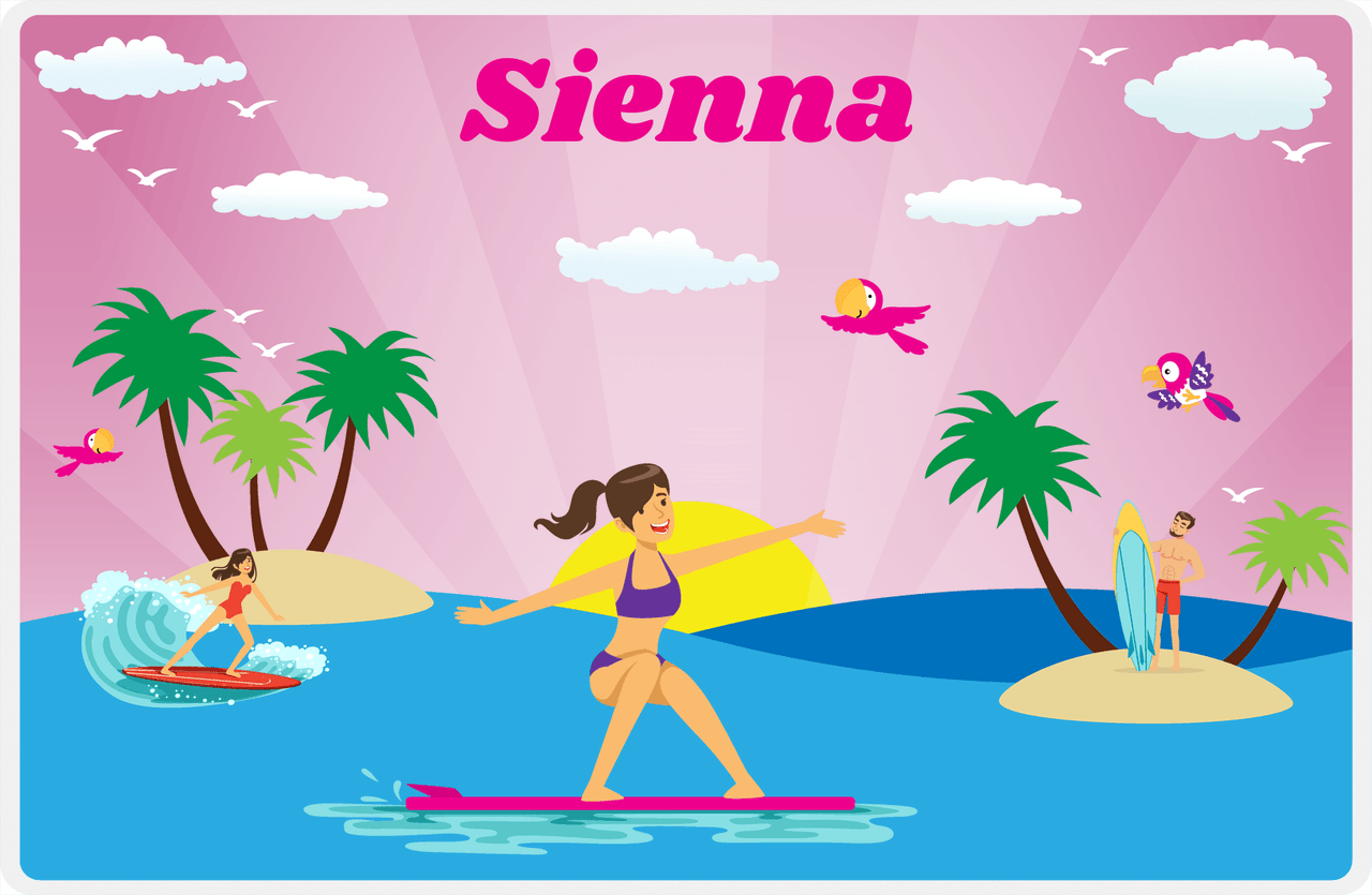 Personalized Surfing Placemat VI - Pink Background - Brunette Girl -  View