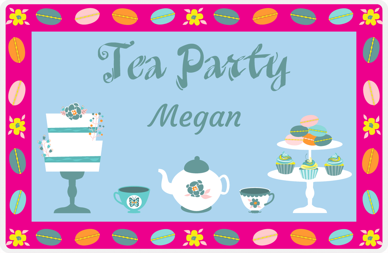 Personalized Tea Party Placemat II - Macaroons Border - Blue Background -  View