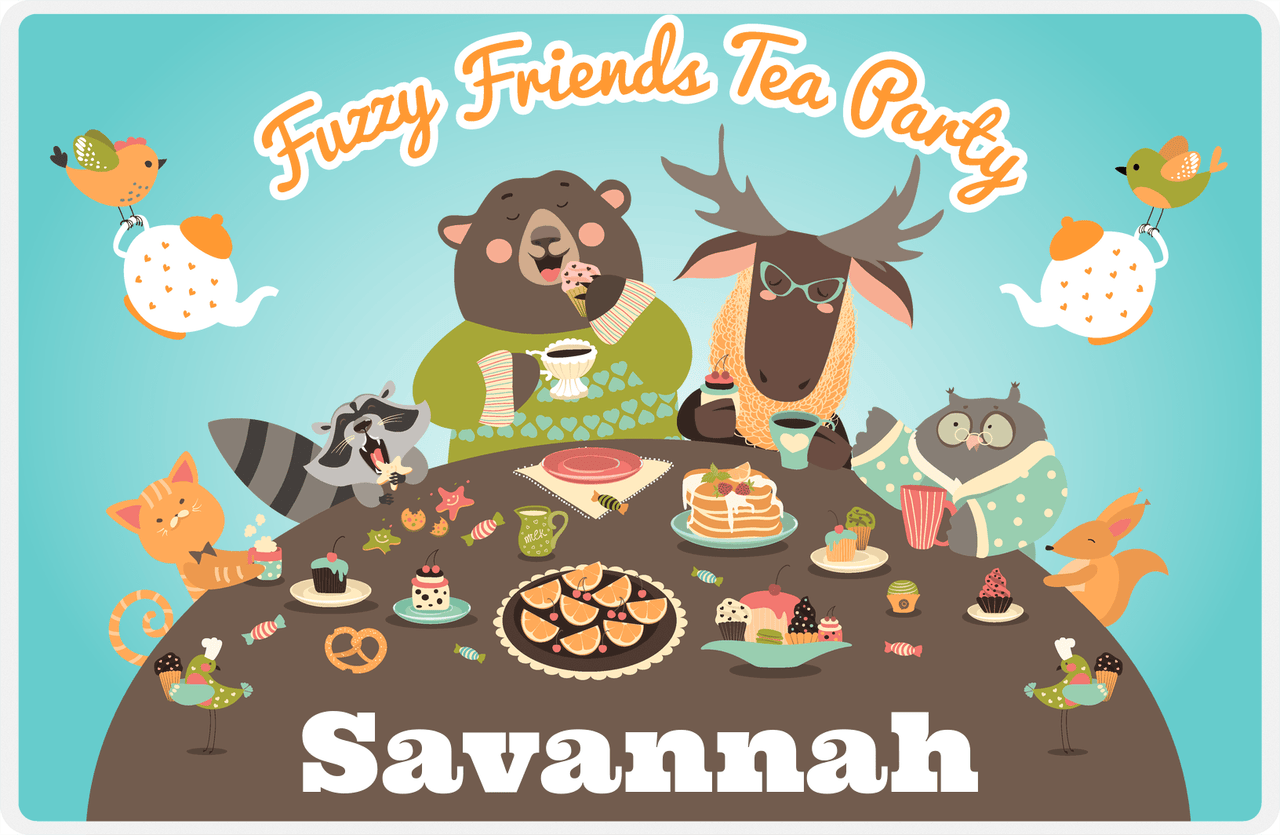 Personalized Tea Party Placemat VI - Fuzzy Friends - Teal Background -  View