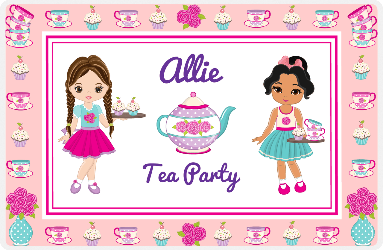 Personalized Tea Party Placemat X - Floral Teapot - Brunette Girl -  View