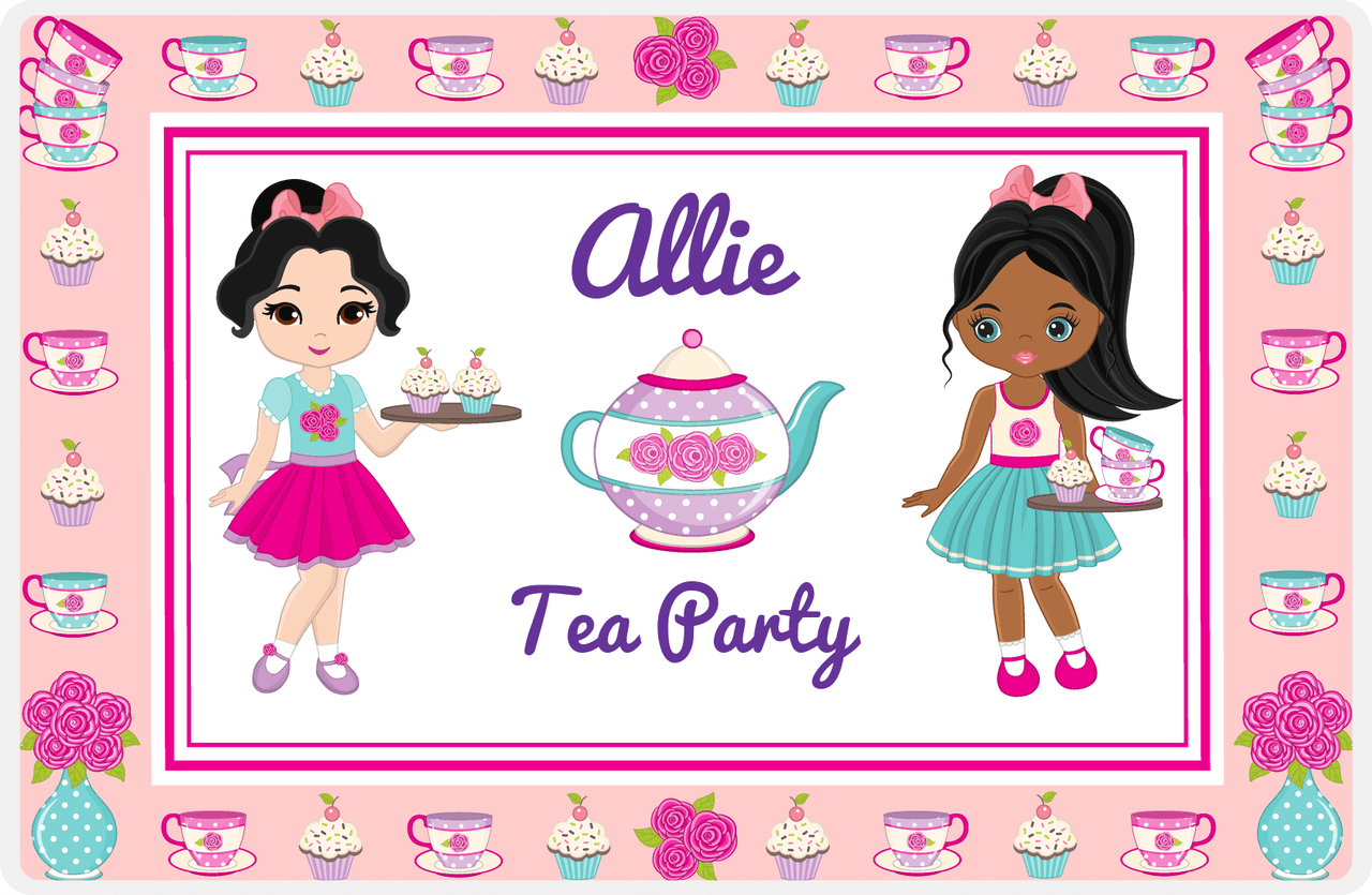 Personalized Tea Party Placemat X - Floral Teapot - Black Hair Girl -  View