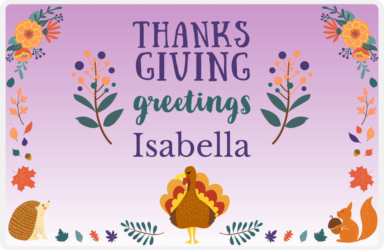 Personalized Thanksgiving Placemat III - Thanksgiving Greetings - Purple Background -  View