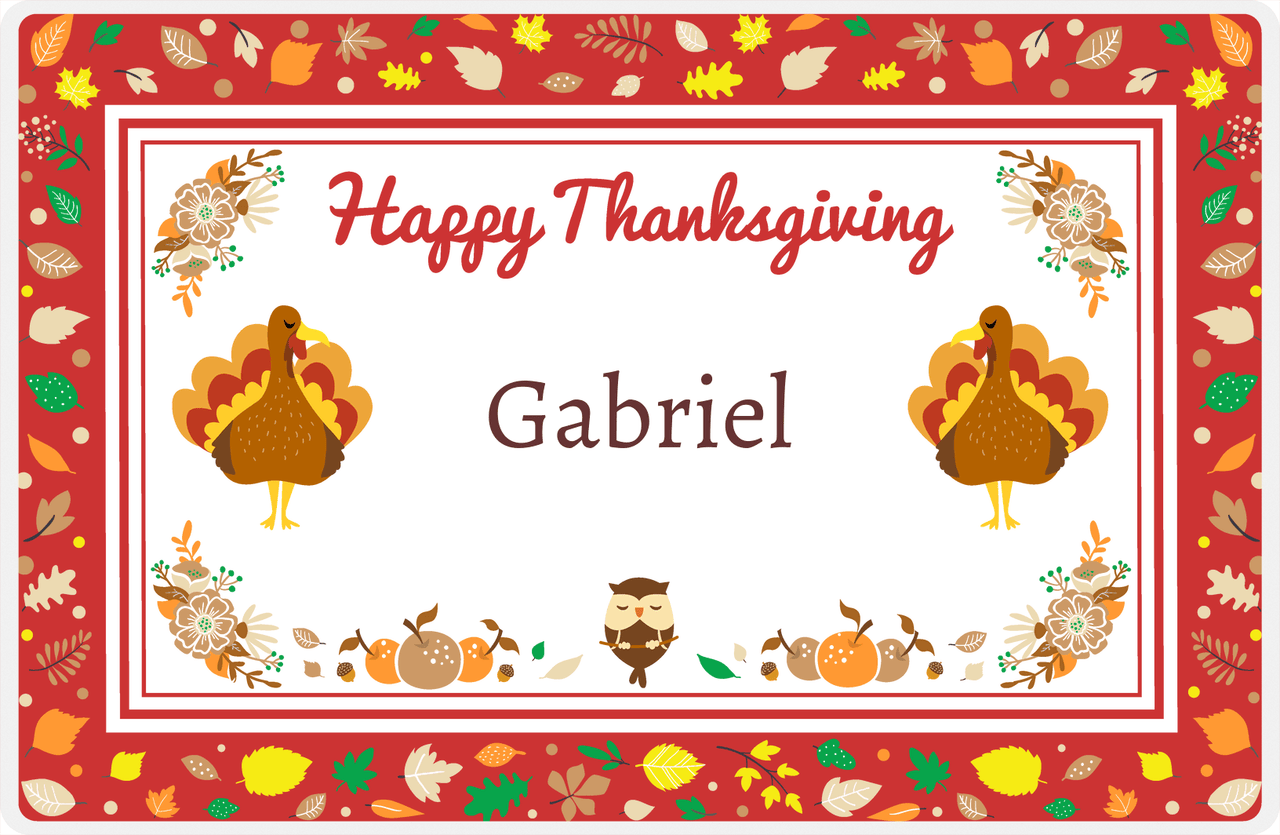 Personalized Thanksgiving Placemat VI - Foliage Border - Red Background -  View