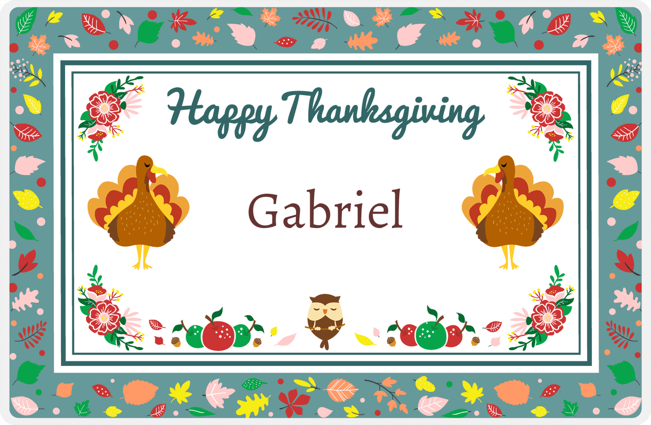 Personalized Thanksgiving Placemat VI - Foliage Border - Teal Background -  View
