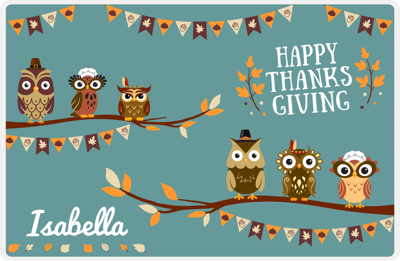 Personalized Thanksgiving Placemat VII - Thanksgiving Owls - Teal Background -  View