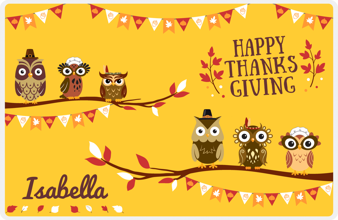 Personalized Thanksgiving Placemat VII - Thanksgiving Owls - Yellow Background -  View