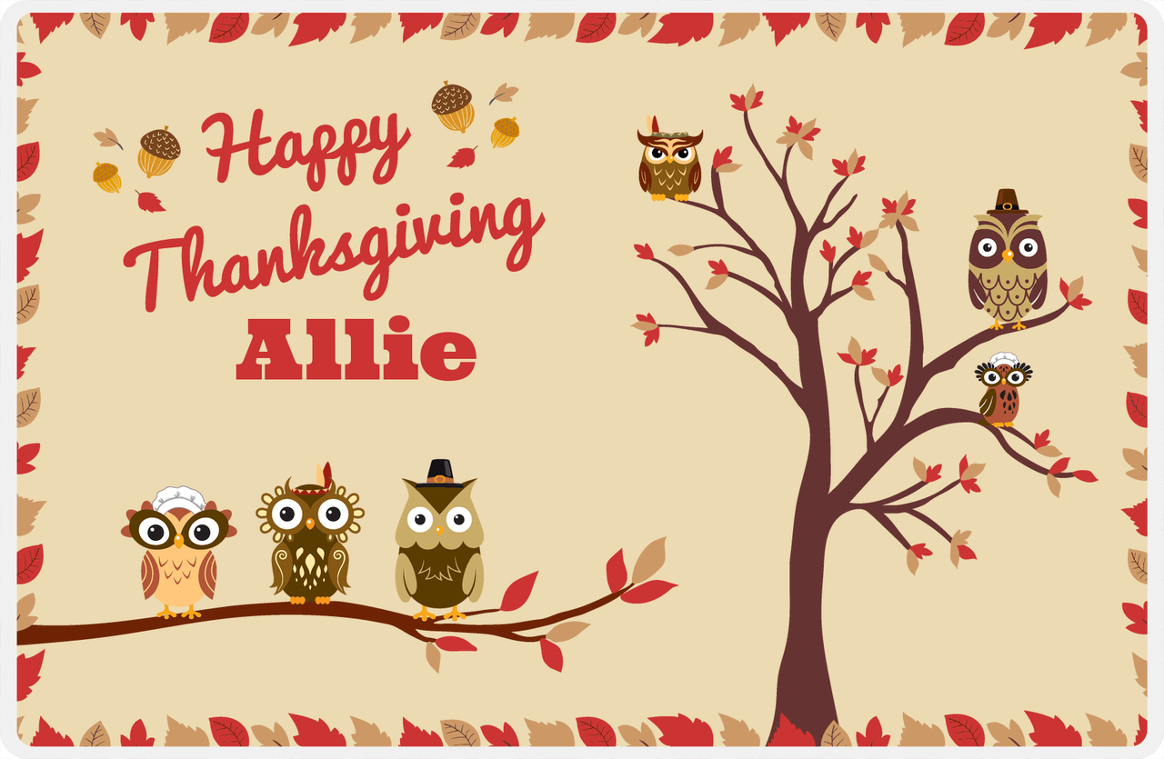 Personalized Thanksgiving Placemat XIV - Happy Owls - Tan Background -  View