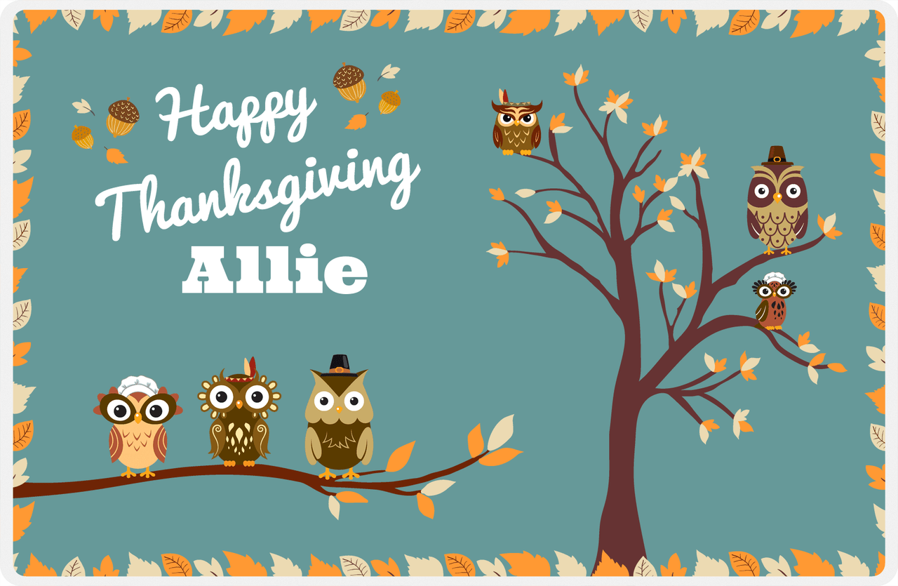 Personalized Thanksgiving Placemat XIV - Happy Owls - Teal Background -  View