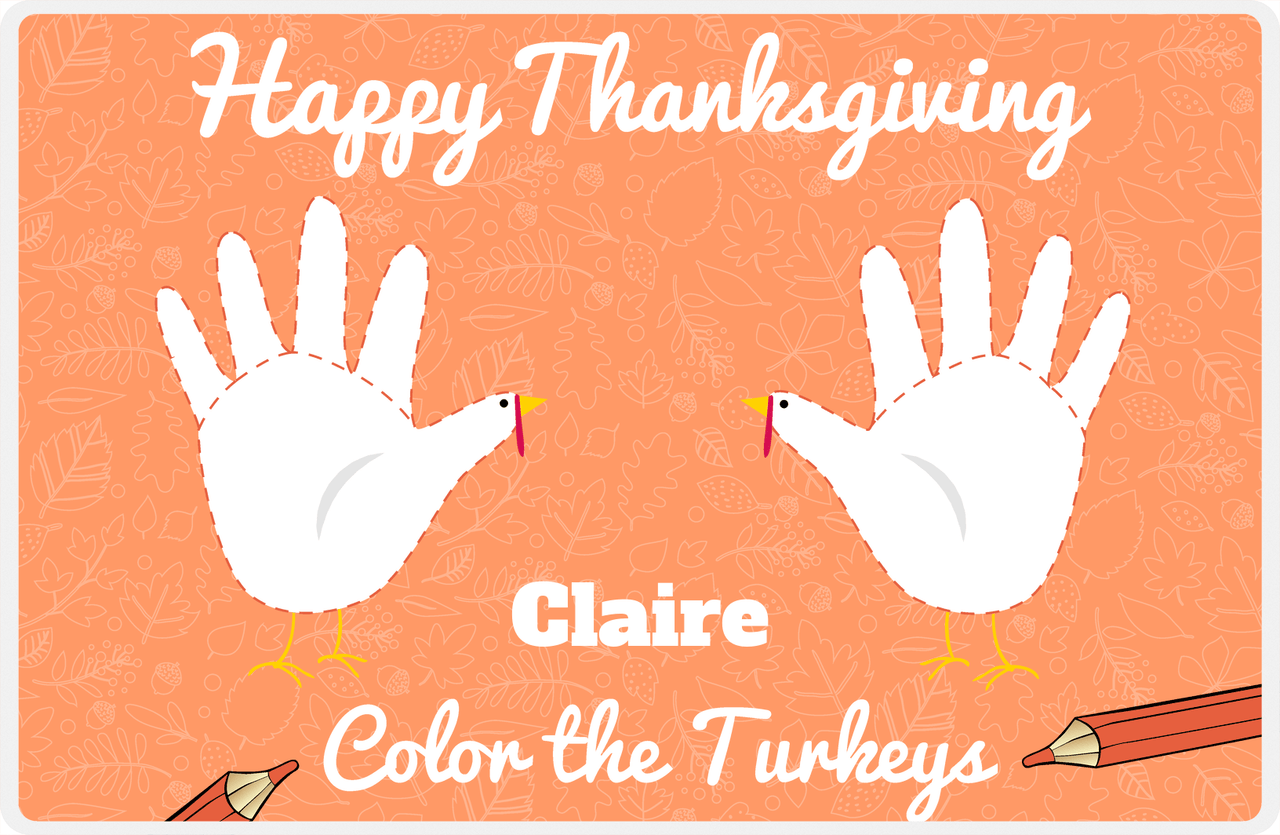 Personalized Thanksgiving Placemat XV - Coloring Turkeys - Orange Background -  View