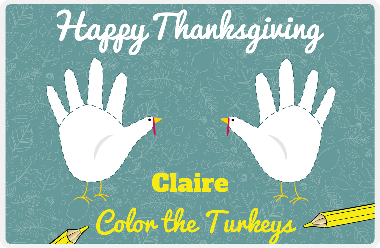 Personalized Thanksgiving Placemat XV - Coloring Turkeys - Teal Background -  View