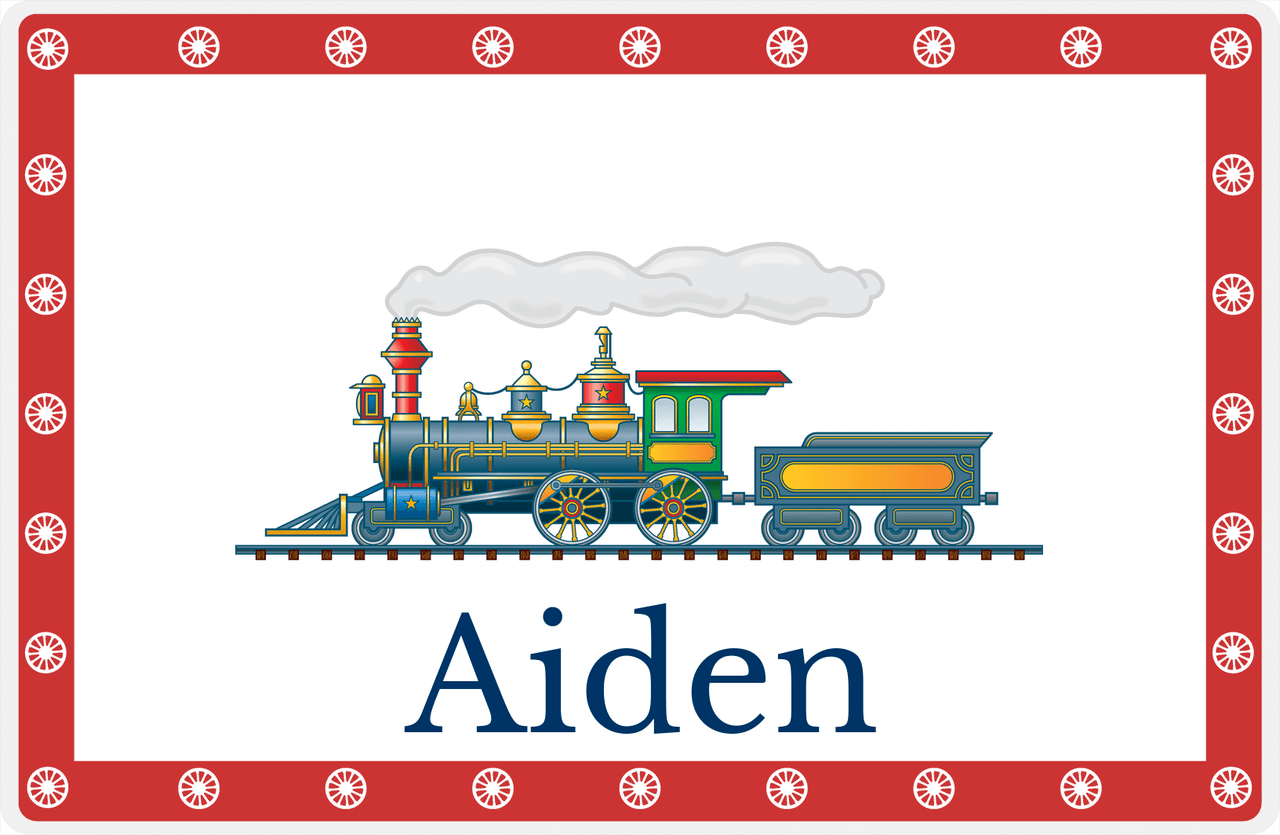 Personalized Train Placemat - White and Red - Border with Wheels -  View