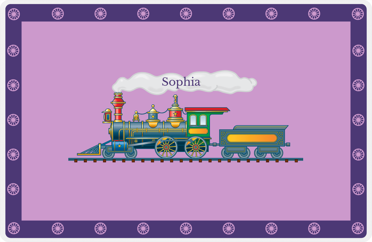 Personalized Train Placemat - Lilac and Indigo - Name in Smoke -  View