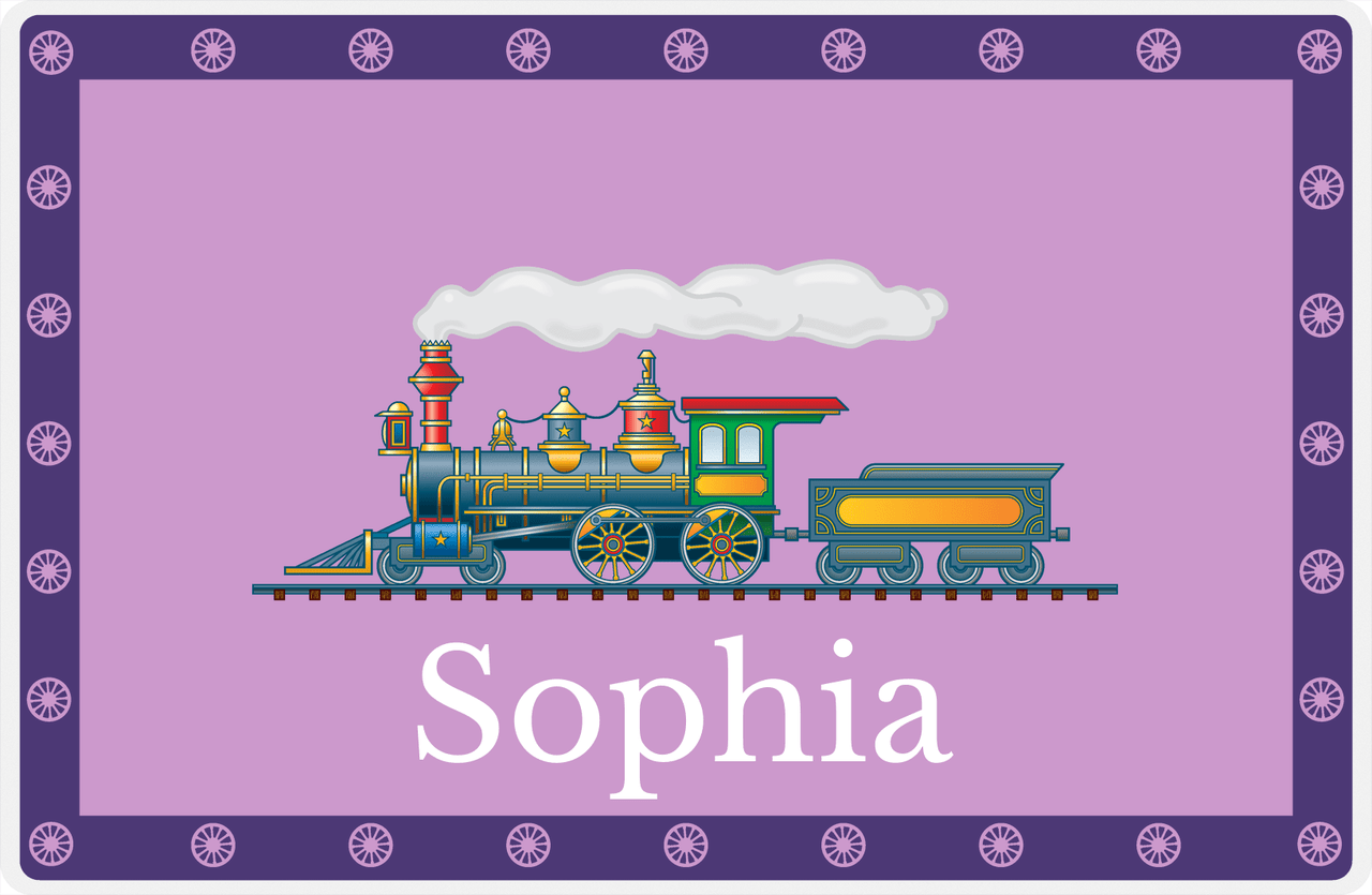 Personalized Train Placemat - Lilac and Indigo - Border with Wheels -  View
