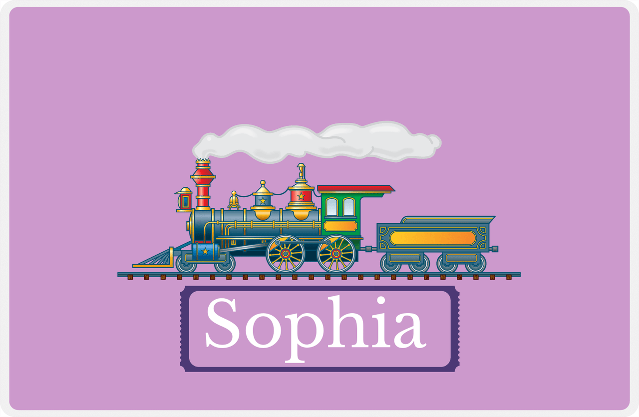 Personalized Train Placemat - Lilac and Indigo - Ticket -  View