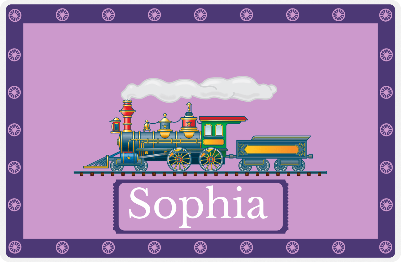 Personalized Train Placemat - Lilac and Indigo - Ticket with Border -  View