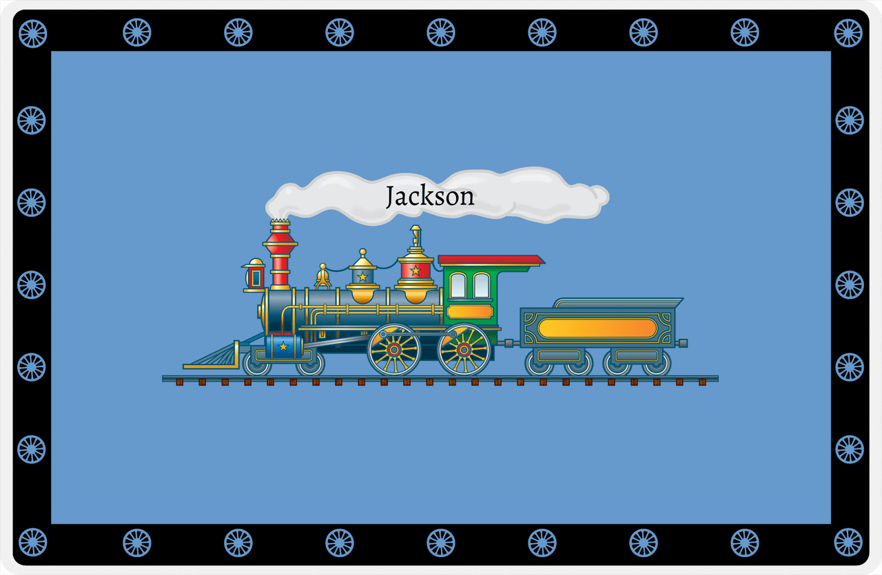 Personalized Train Placemat - Glacier and Black - Name in Smoke -  View