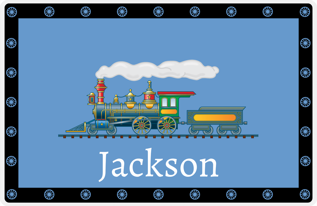 Personalized Train Placemat - Glacier and Black - Border with Wheels -  View