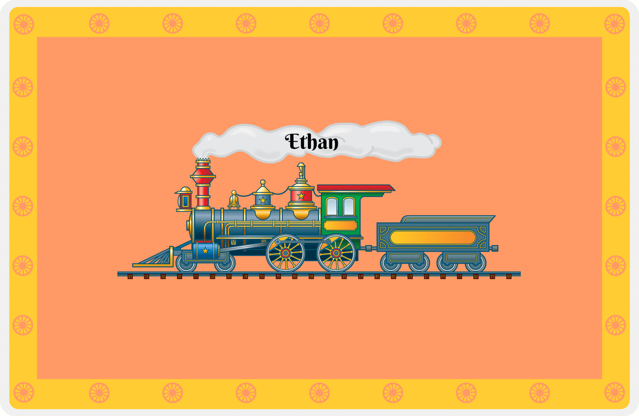 Personalized Train Placemat - Tangerine and Mustard - Name in Smoke -  View