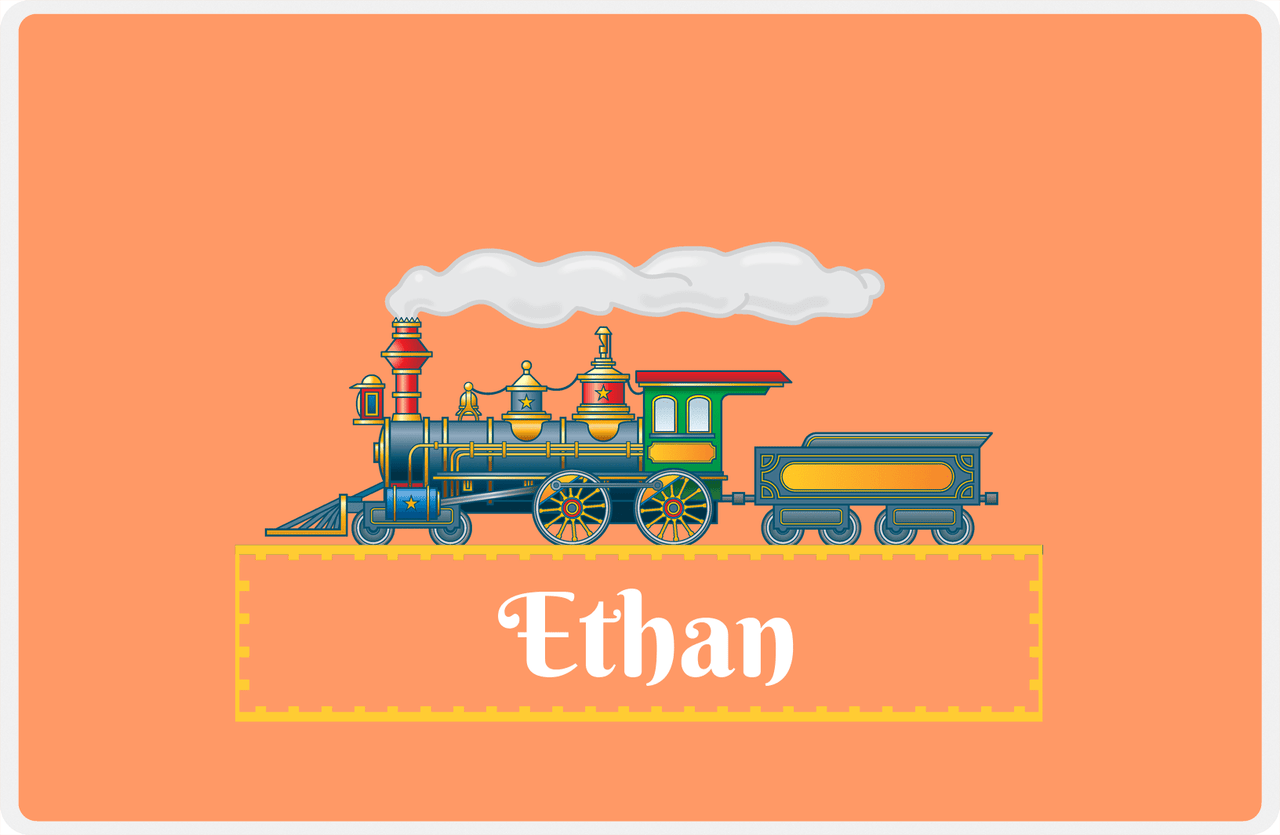 Personalized Train Placemat - Tangerine and Mustard - Track Frame -  View